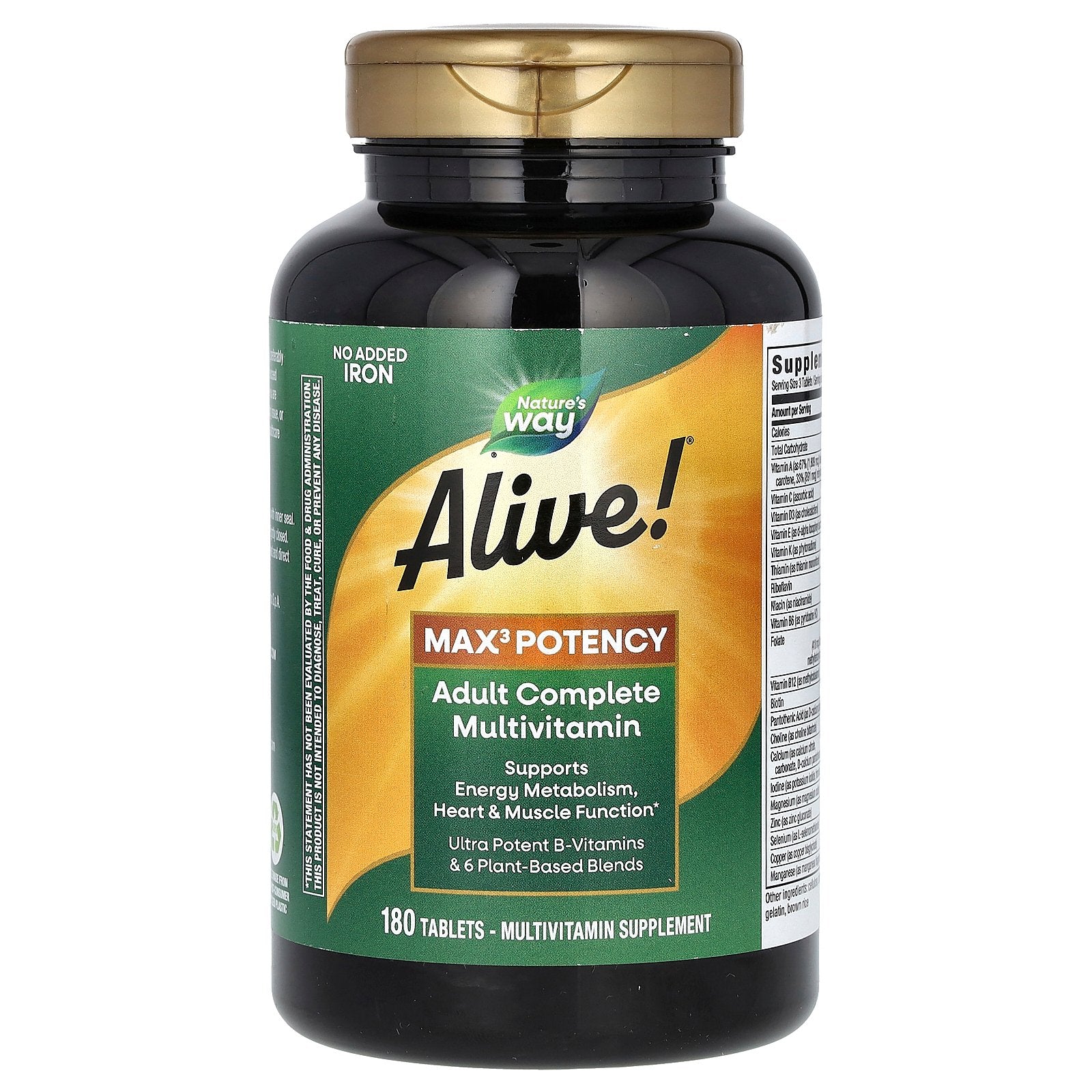 Nature's Way, Alive! Max3 Potency, Adult Complete Multivitamin, No Added Iron, 180 Tablets
