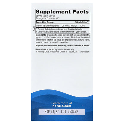 Nordic Naturals, Vitamin D3 1000, Orange, 25 mcg (1,000 IU), 120 Mini Soft Gels