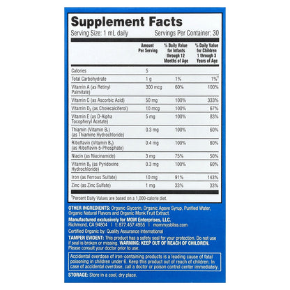Mommy's Bliss, Baby Multivitamin Drops, Essential Vitamins + Iron, Age 2 Months +, 1 fl oz ( 30 ml)
