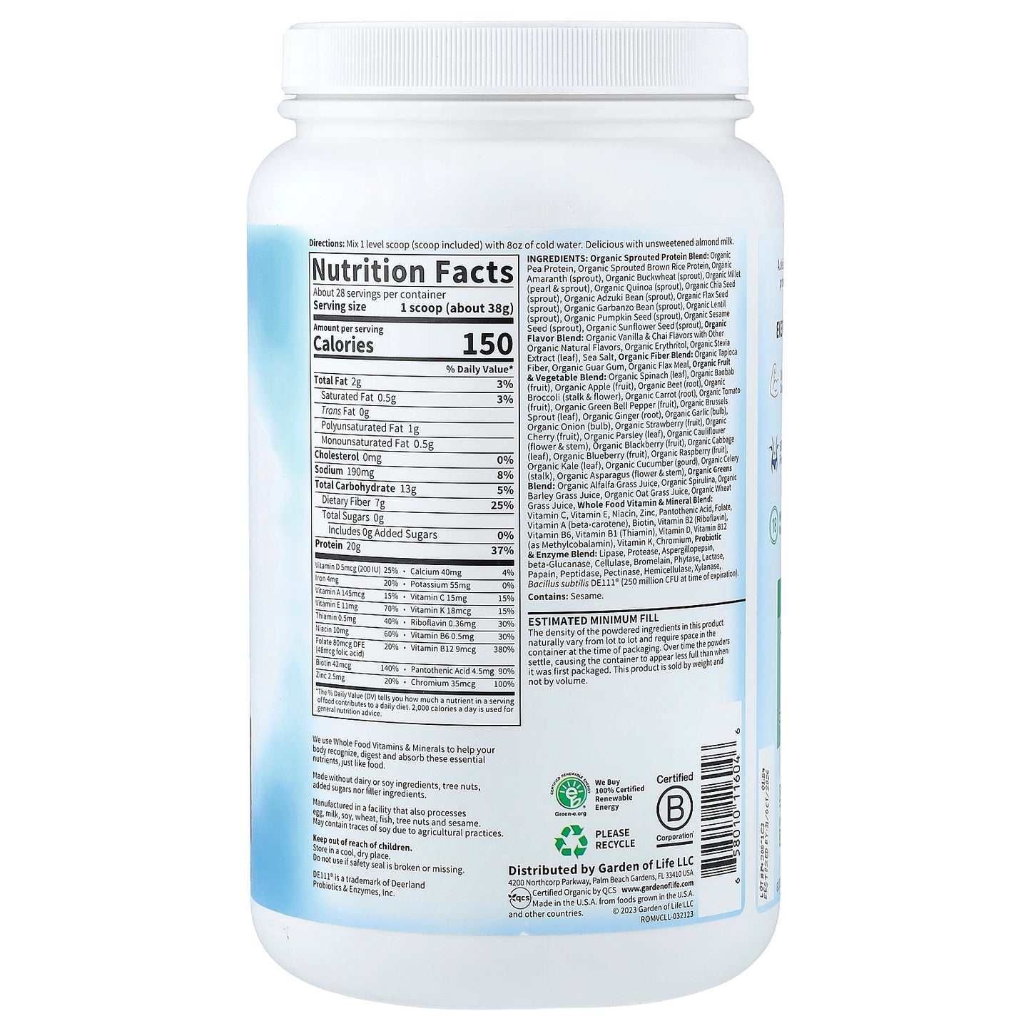 Garden of Life, RAW Organic Meal Replacement Shake, Vanilla Chai, 2 lbs 5.53 oz (1,064 g)