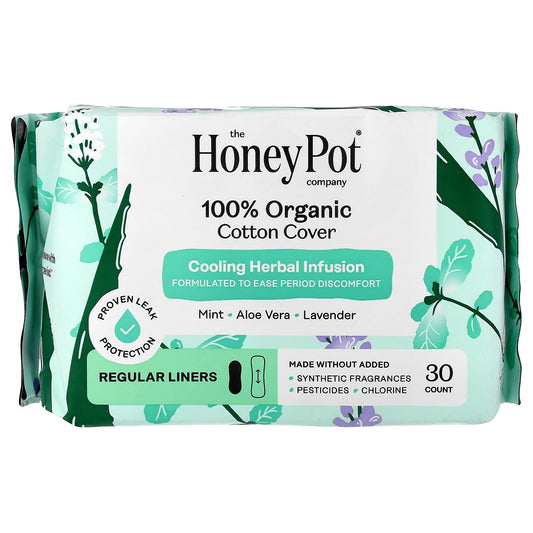 The Honey Pot Company, 100% Organic Cotton Cover, Cooling Herbal Infusion, Regular Liners, 30 Count