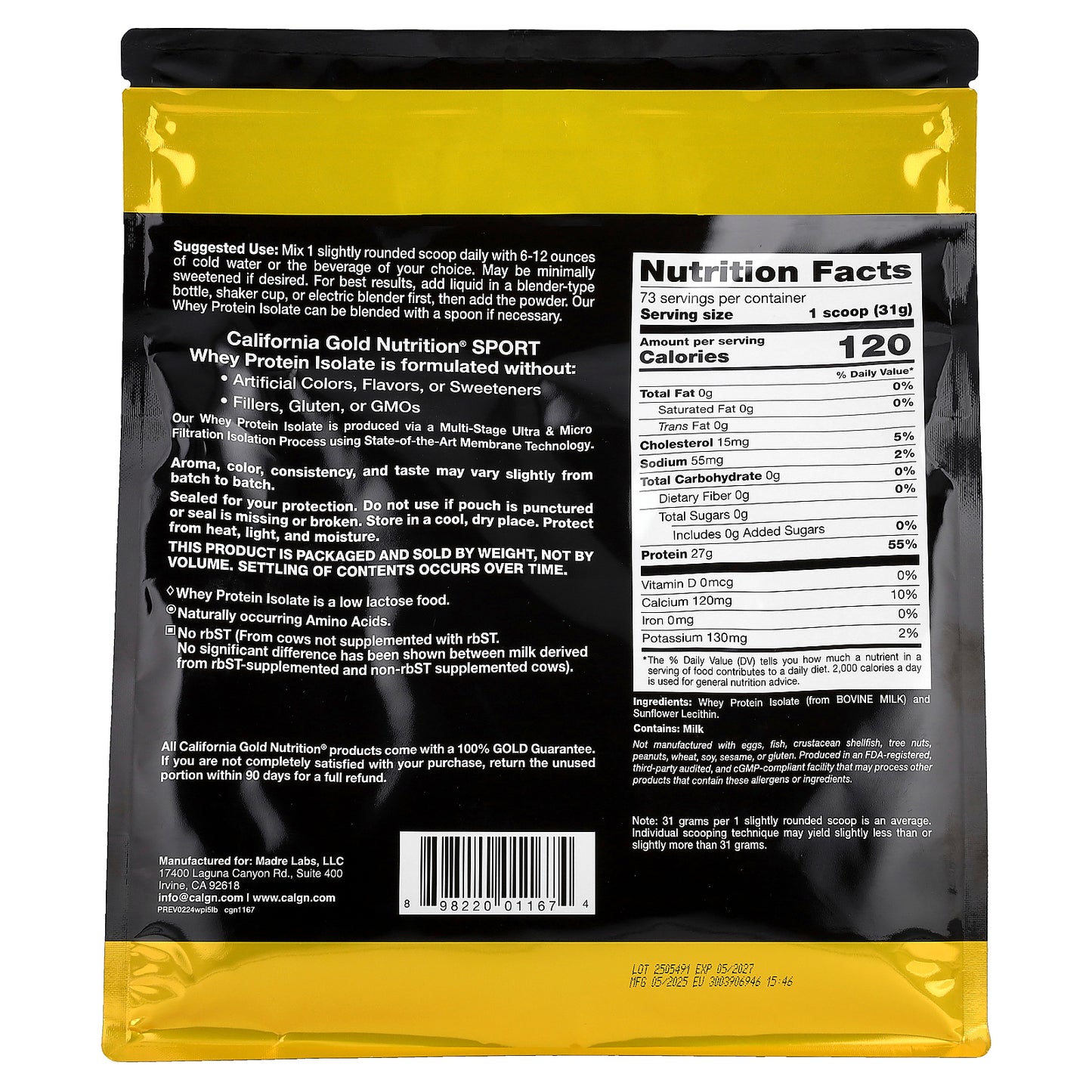 California Gold Nutrition, Sport, Whey Protein Isolate, Unflavored, 5 lb (2.27 kg)