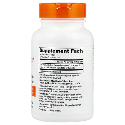 Doctor's Best, Saw Palmetto, Standardized Extract, 320 mg, 180 Softgels