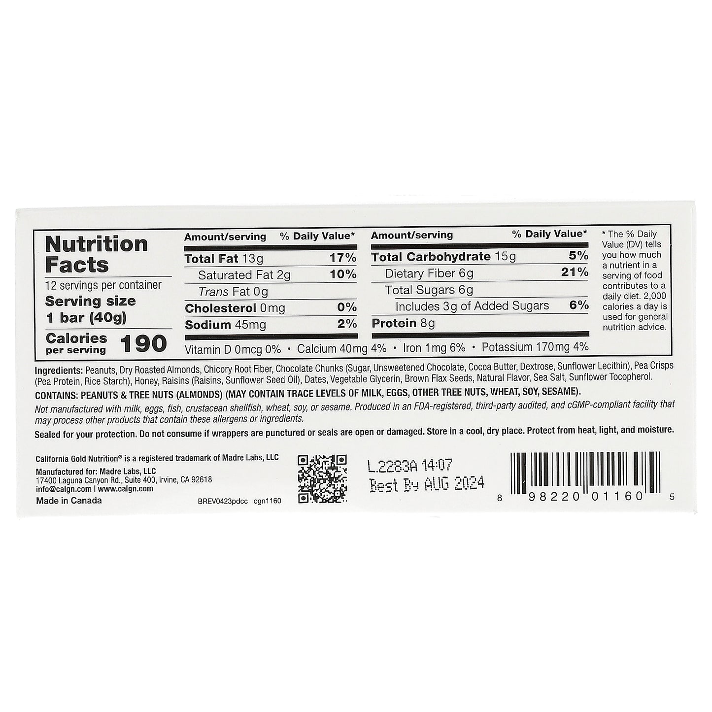 California Gold Nutrition, Foods, Peanut & Dark Chocolate Chunk Bars with Dry Roasted Almonds, Chicory Root Fiber, Pea Crisps and Honey, 12 Bars, 1.4 oz (40 g) Each