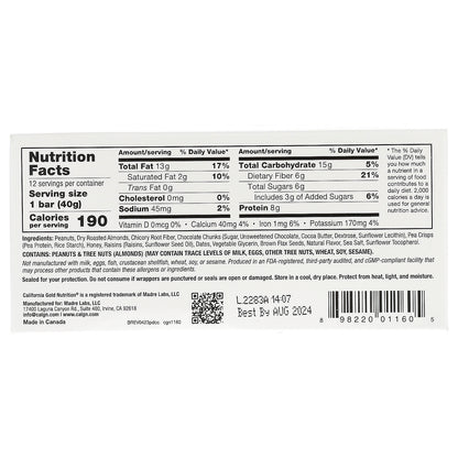 California Gold Nutrition, Foods, Peanut & Dark Chocolate Chunk Bars with Dry Roasted Almonds, Chicory Root Fiber, Pea Crisps and Honey, 12 Bars, 1.4 oz (40 g) Each