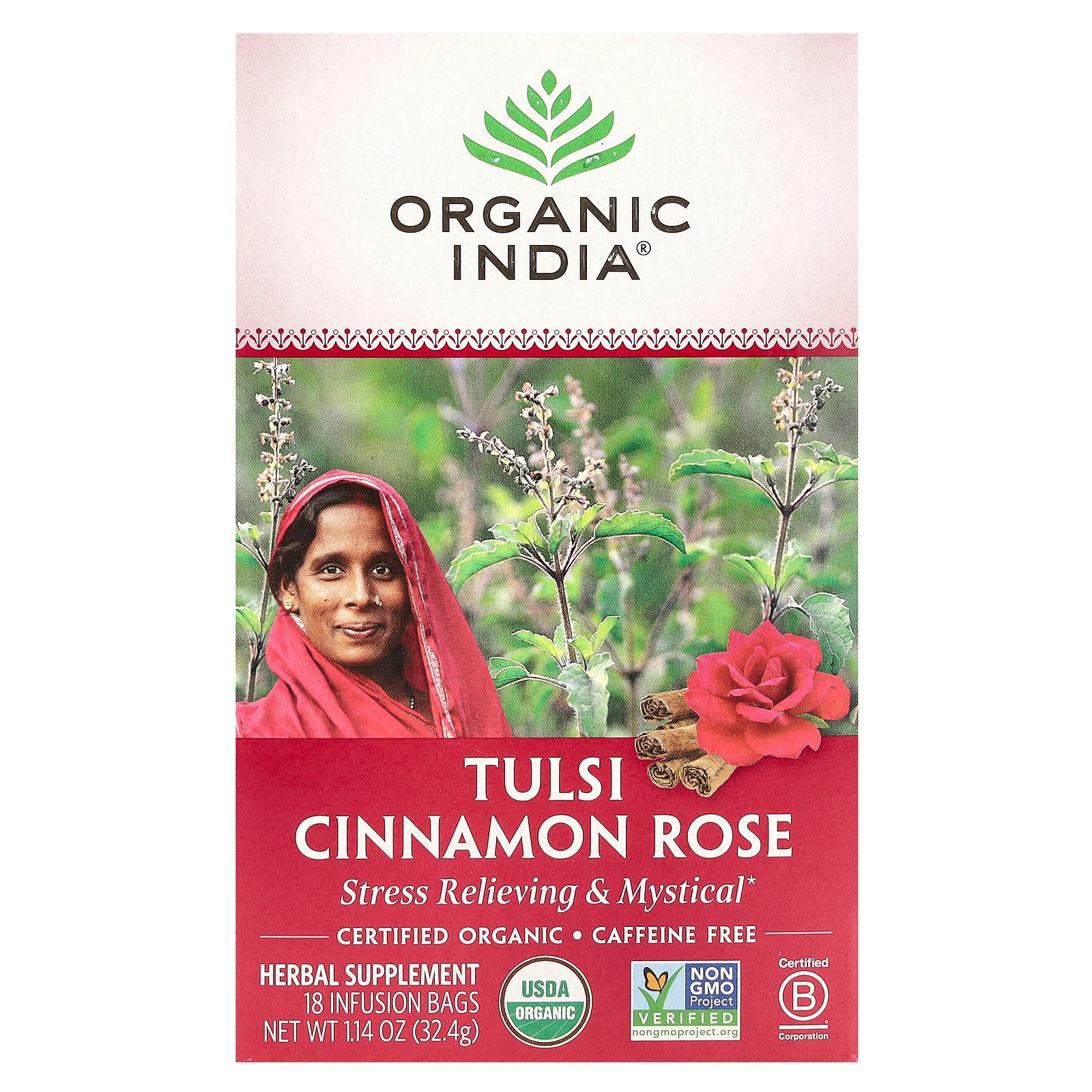 Organic India, Tulsi Cinnamon Rose Tea, Caffeine-Free, 18 Infusion Bags, 1.14 oz (32.4 g)