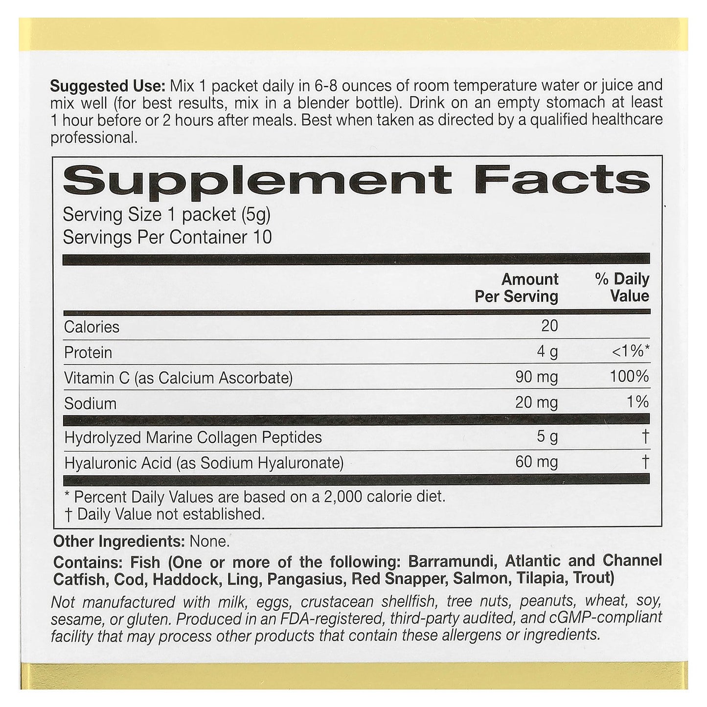 California Gold Nutrition, CollagenUP, Hydrolyzed Marine Collagen Peptides with Hyaluronic Acid and Vitamin C, Unflavored, 10 Packets, 0.18 oz (5 g) Each