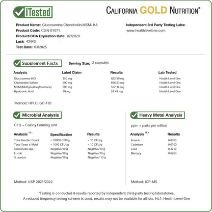 California Gold Nutrition, Glucosamine, Chondroitin, MSM Plus Hyaluronic Acid, 120 Veggie Caps
