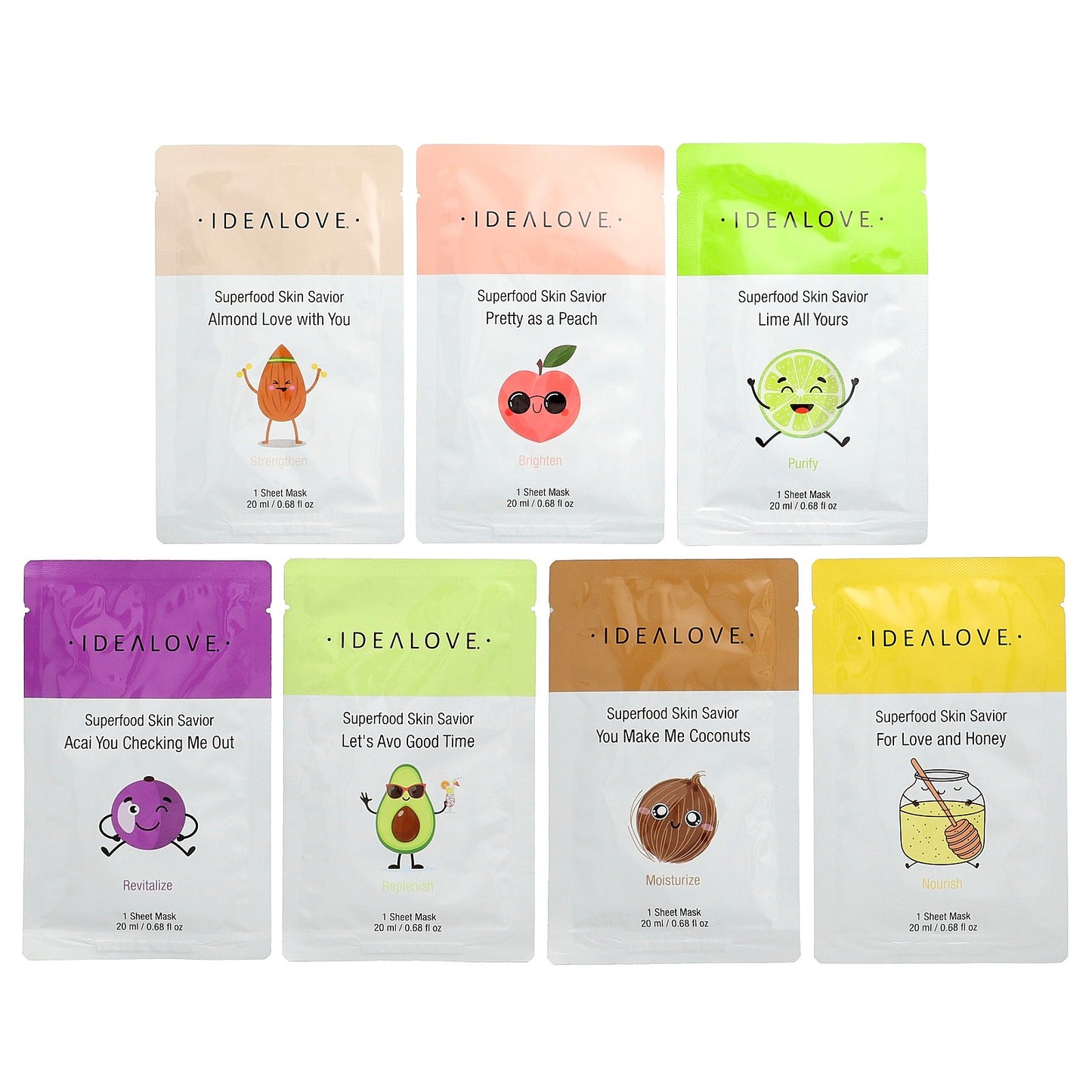 Idealove, Superfood Skin Savior Beauty Masks, Variety Pack, 7 Sheets, 0.68 fl oz (20 ml) Each