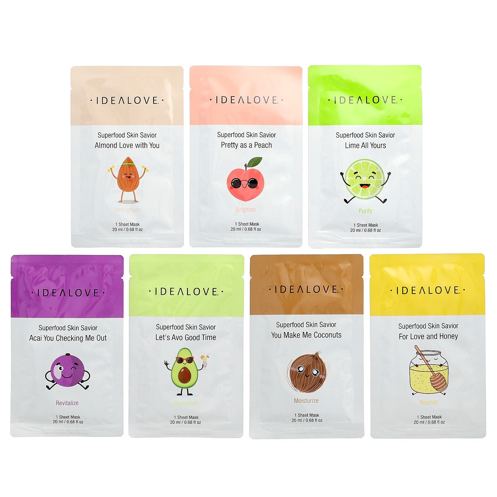 Idealove, Superfood Skin Savior Beauty Masks, Variety Pack, 7 Sheets, 0.68 fl oz (20 ml) Each