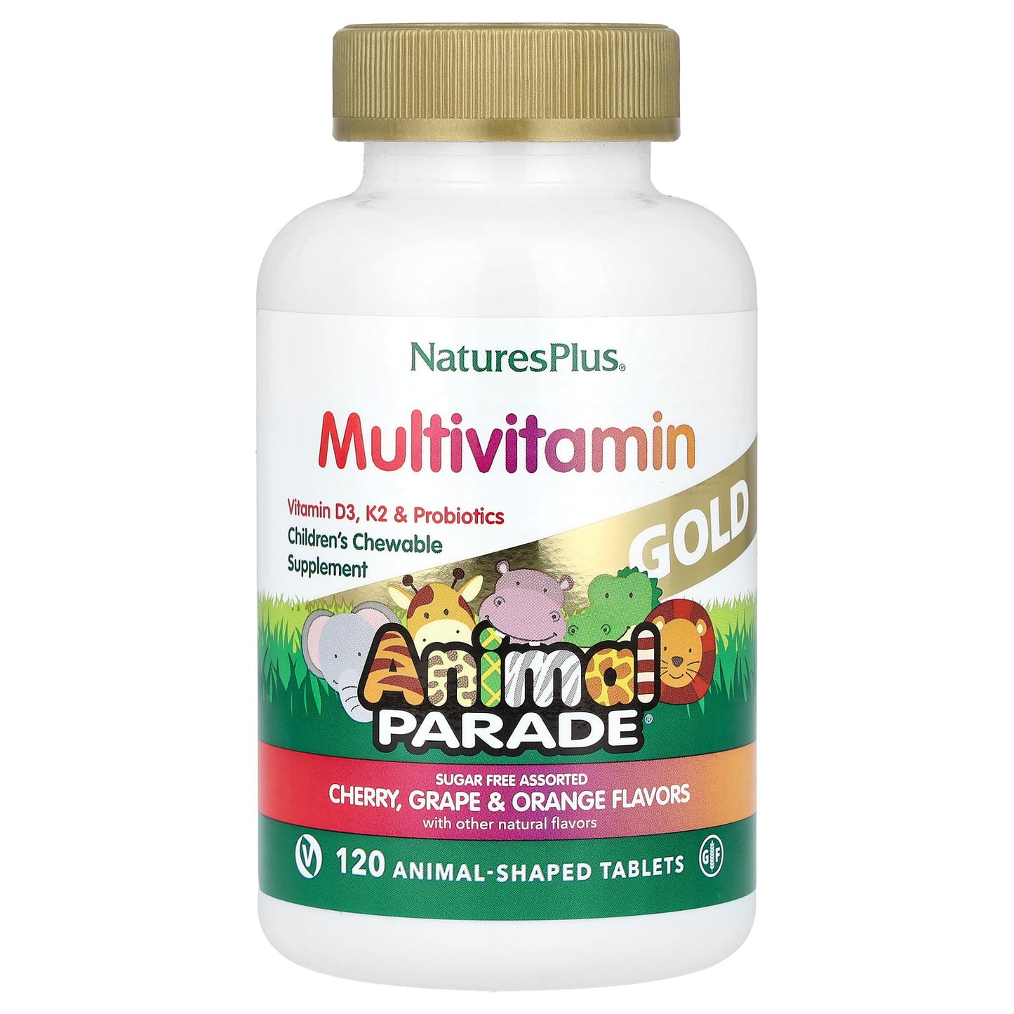 NaturesPlus, Animal Parade Gold®, Children's Chewable Multivitamin Supplement, Cherry, Grape & Orange, 120 Animal-Shaped Tablets