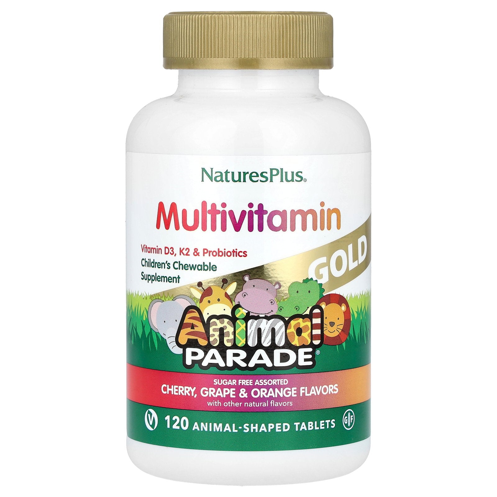 NaturesPlus, Animal Parade Gold®, Children's Chewable Multivitamin Supplement, Cherry, Grape & Orange, 120 Animal-Shaped Tablets