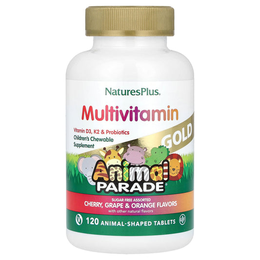 NaturesPlus, Animal Parade Gold®, Children's Chewable Multivitamin Supplement, Cherry, Grape & Orange, 120 Animal-Shaped Tablets