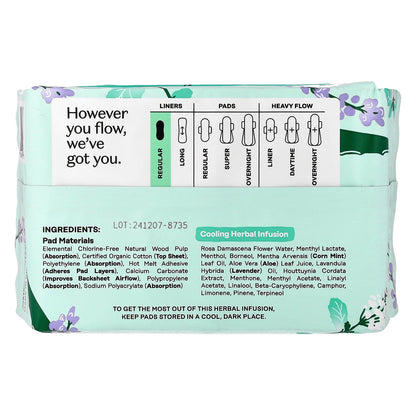 The Honey Pot Company, 100% Organic Cotton Cover, Cooling Herbal Infusion, Regular Liners, 30 Count