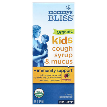 Mommy's Bliss, Kids Organic Cough Syrup & Mucus + Immunity Support, 1-12 Yrs, Elderberry, 4 fl oz (120 ml)