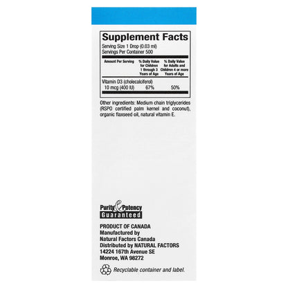 Natural Factors, Vitamin D3 Drops for Kids, Unflavored, 0.5 fl oz (15 ml)