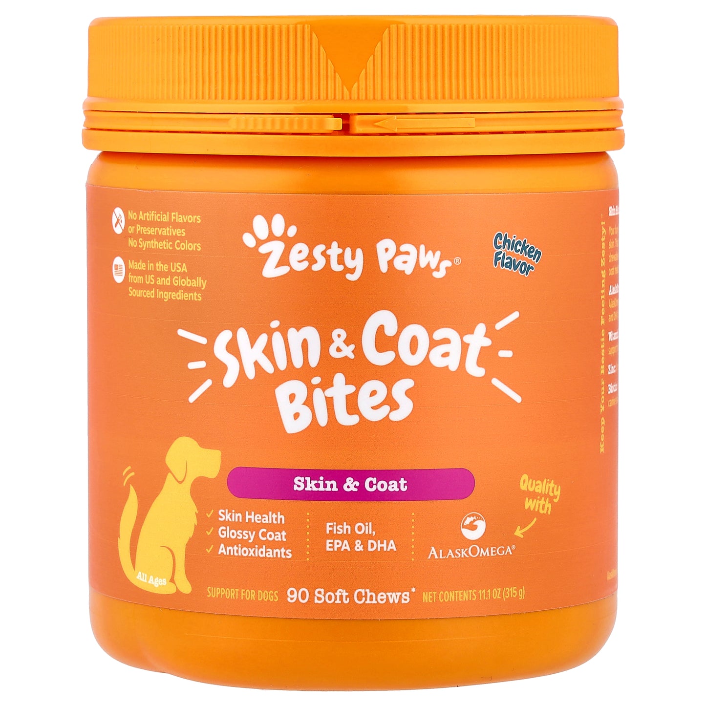 Zesty Paws, Skin & Coat Bites, For Dogs, All Ages, Chicken, 90 Soft Chews, 11.1 oz (315 g)