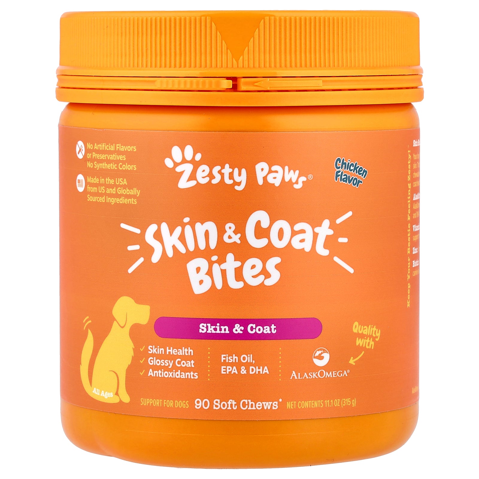 Zesty Paws, Skin & Coat Bites, For Dogs, All Ages, Chicken, 90 Soft Chews, 11.1 oz (315 g)
