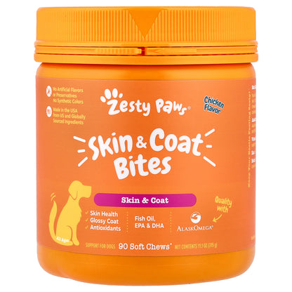 Zesty Paws, Skin & Coat Bites, For Dogs, All Ages, Chicken, 90 Soft Chews, 11.1 oz (315 g)