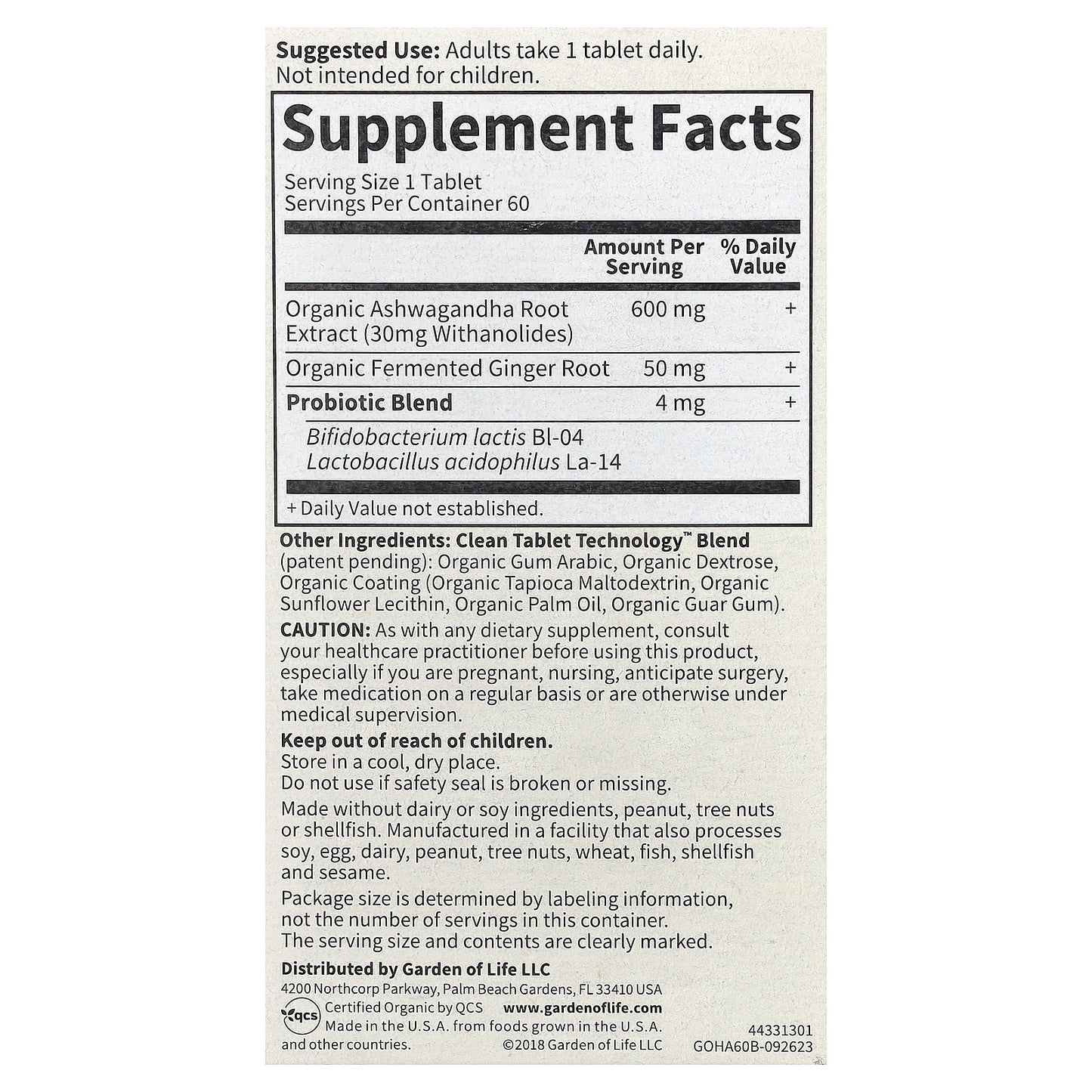 Garden of Life, Organics, Ashwagandha, 60 Vegan Tablets (600 mg per Tablet)