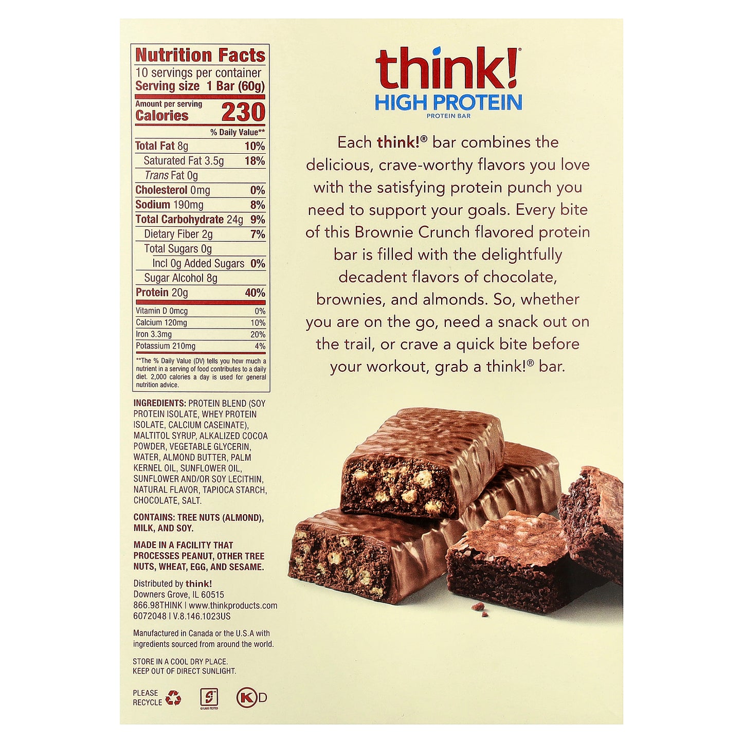 Think !, High Protein Bars, Brownie Crunch, 10 Bars, 2.1 oz (60 g) Each