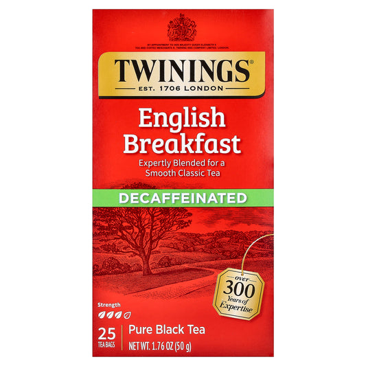 Twinings, Pure Black Tea, English Breakfast, Decaffeinated, 25 Tea Bags, 1.76 oz (50 g)