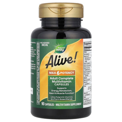 Nature's Way, Alive!® Max6 Potency, Adult Complete Multivitamin, No Added Iron, 90 Capsules