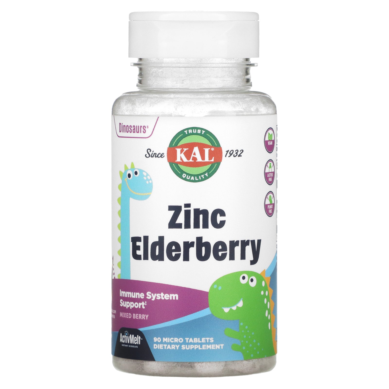 KAL, Dinosaurs, Zinc Elderberry, Mixed Berry, 90 Micro Tablets