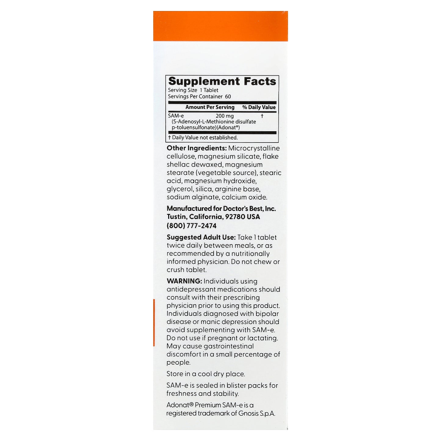 Doctor's Best, SAM-e, 200 mg, 60 Enteric Coated Tablets