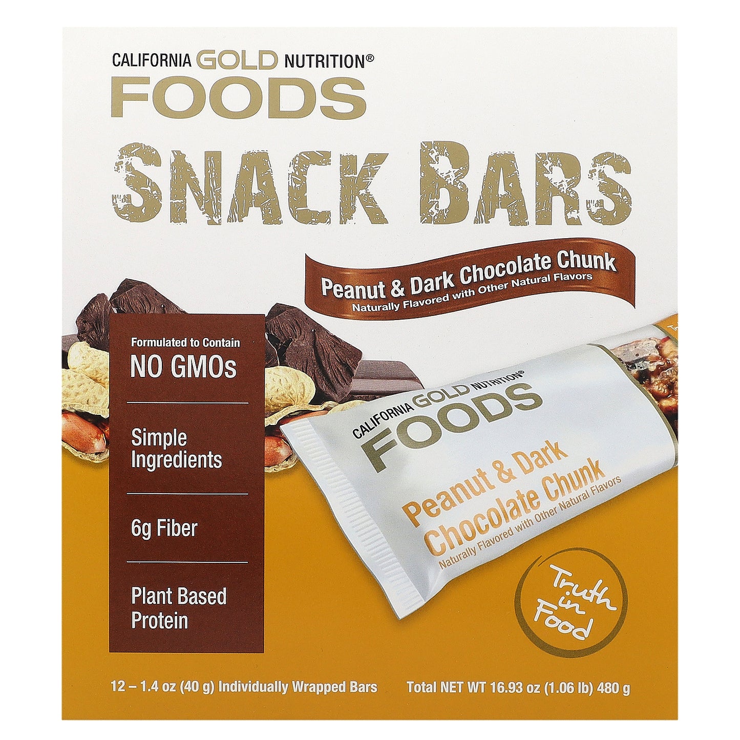 California Gold Nutrition, Foods, Peanut & Dark Chocolate Chunk Bars with Dry Roasted Almonds, Chicory Root Fiber, Pea Crisps and Honey, 12 Bars, 1.4 oz (40 g) Each