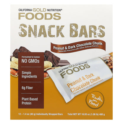 California Gold Nutrition, Foods, Peanut & Dark Chocolate Chunk Bars with Dry Roasted Almonds, Chicory Root Fiber, Pea Crisps and Honey, 12 Bars, 1.4 oz (40 g) Each