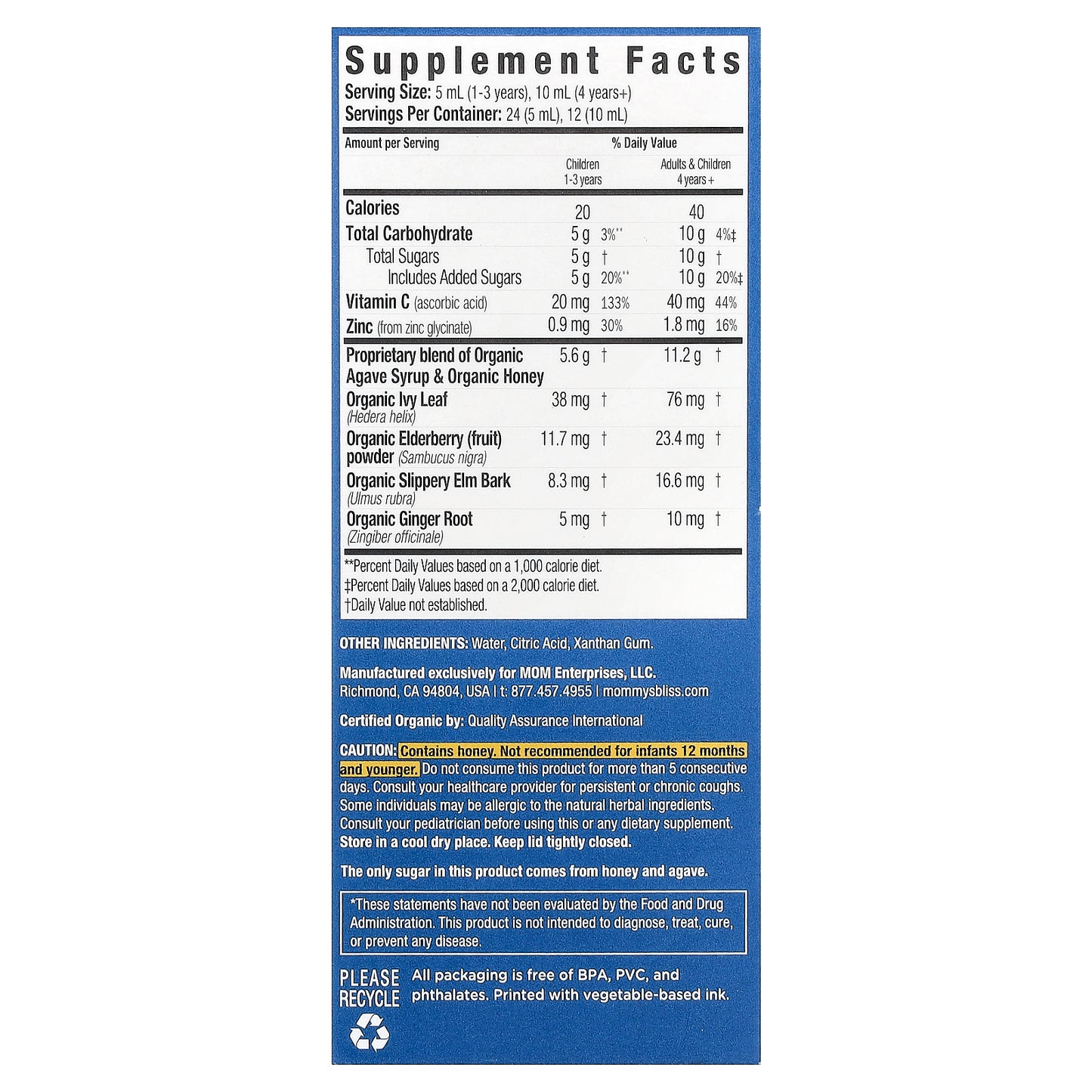 Mommy's Bliss, Kids Organic Cough Syrup & Mucus + Immunity Support, 1-12 Yrs, Elderberry, 4 fl oz (120 ml)