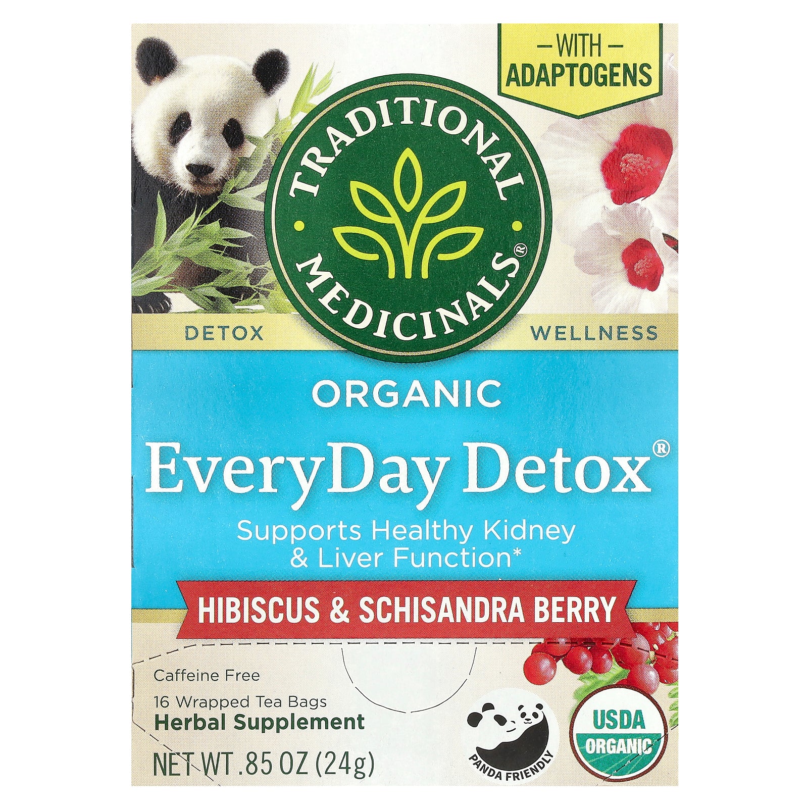 Traditional Medicinals, Organic EveryDay Detox®, Hibiscus & Schisandra Berry, Caffeine Free, 16 Wrapped Tea Bags, 0.85 oz (24 g)