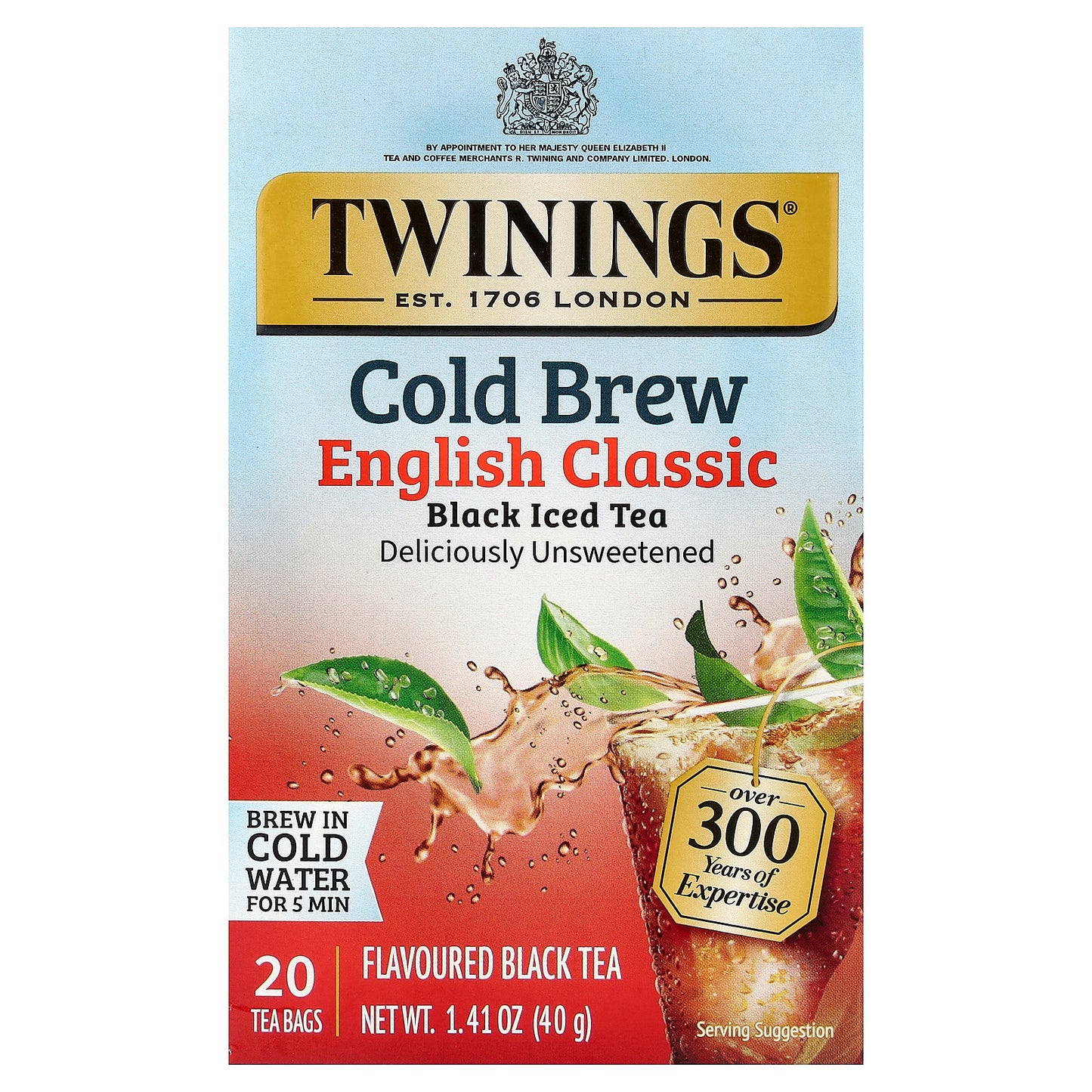 Twinings, Cold Brewed Iced Tea, Black Tea, English Classic, Unsweetened, 20 Tea Bags, 1.41 oz (40 g)