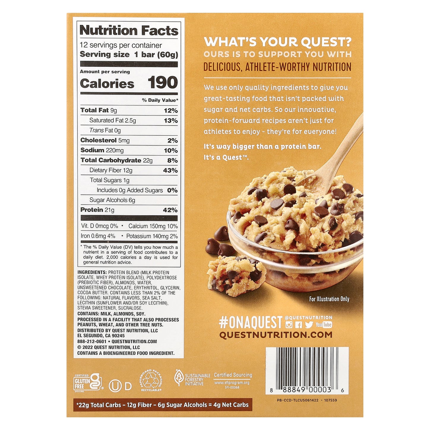 Quest Nutrition, Protein Bar, Chocolate Chip Cookie Dough, 12 Bars, 2.12 oz (60 g) Each