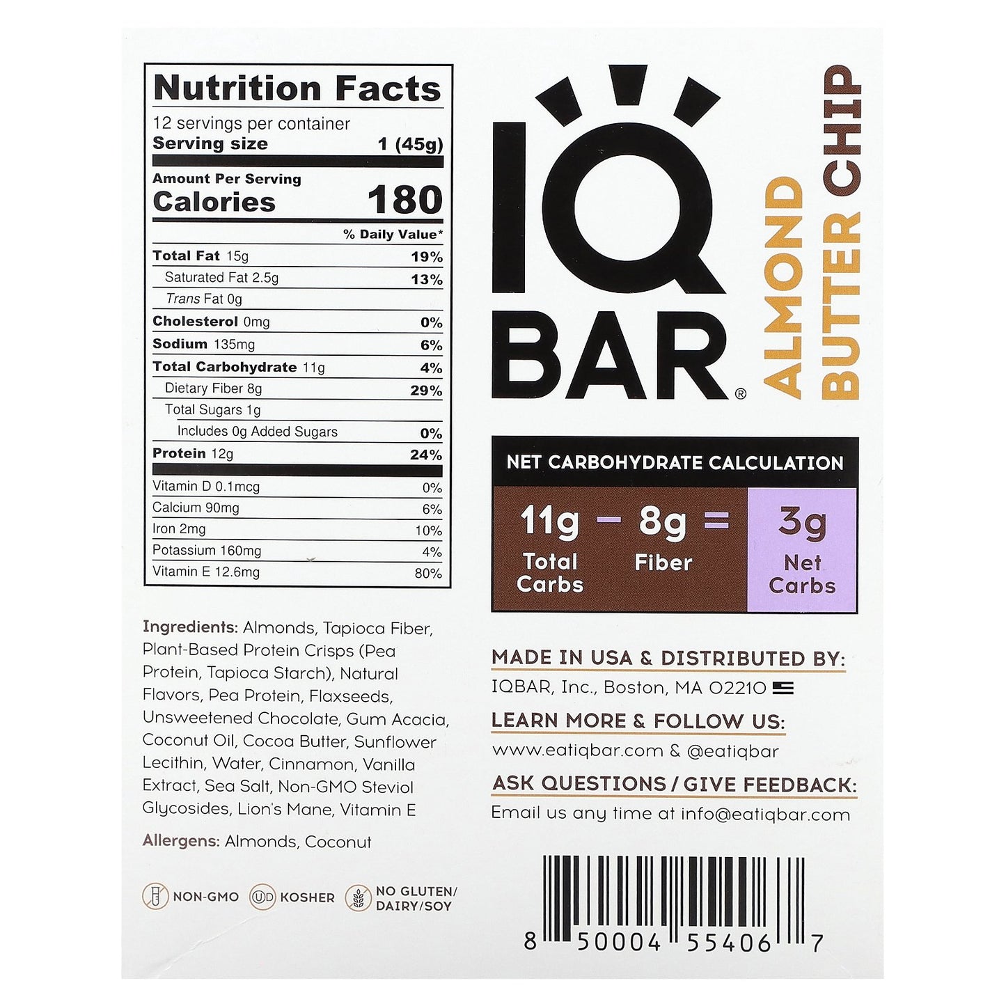 IQBAR, Plant Protein Bar, Almond Butter Chip, 12 Bars, 1.6 oz (45 g) Each