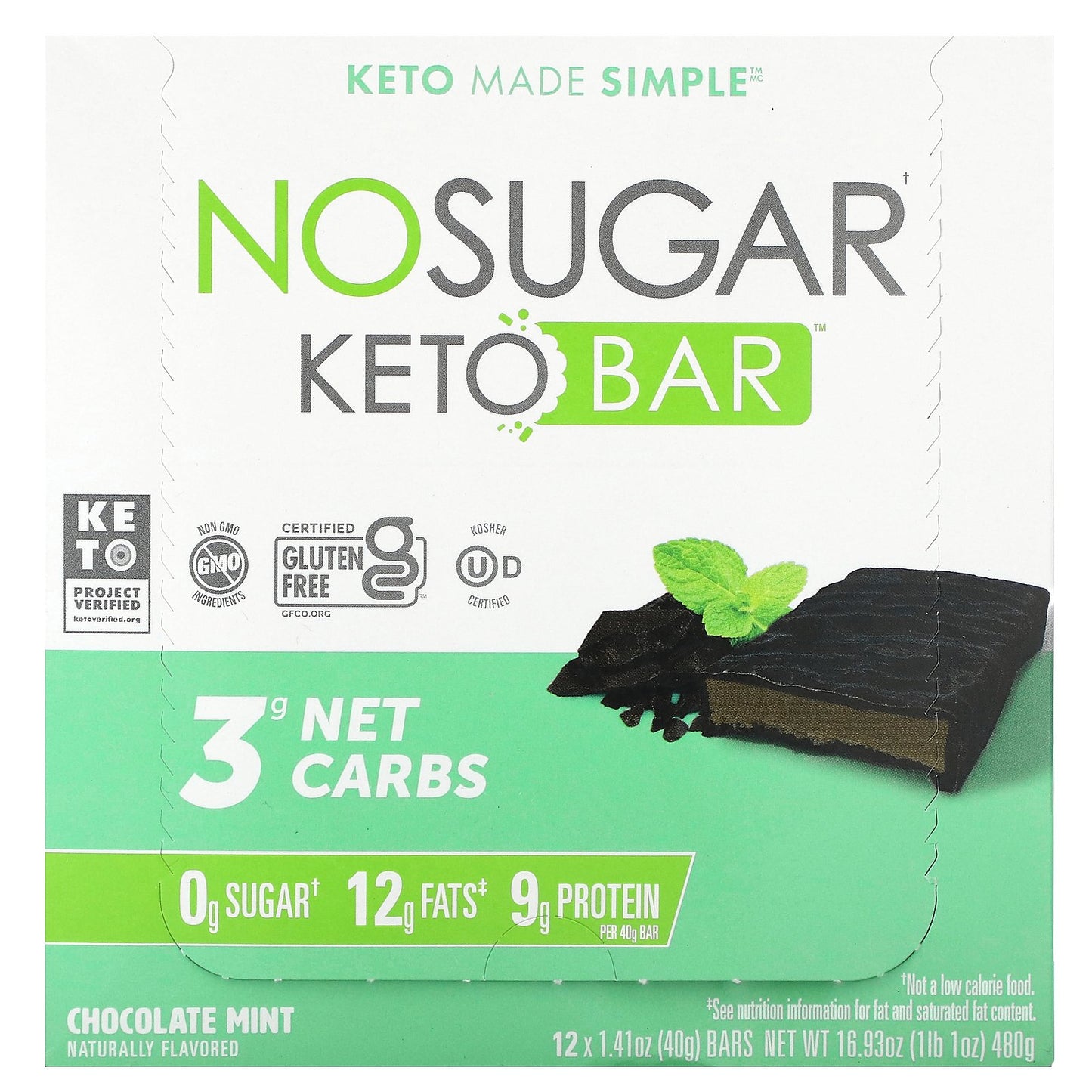 No Sugar Company, Keto Bar, Chocolate Mint, 12 Bars, 1.41 oz (40 g) Each