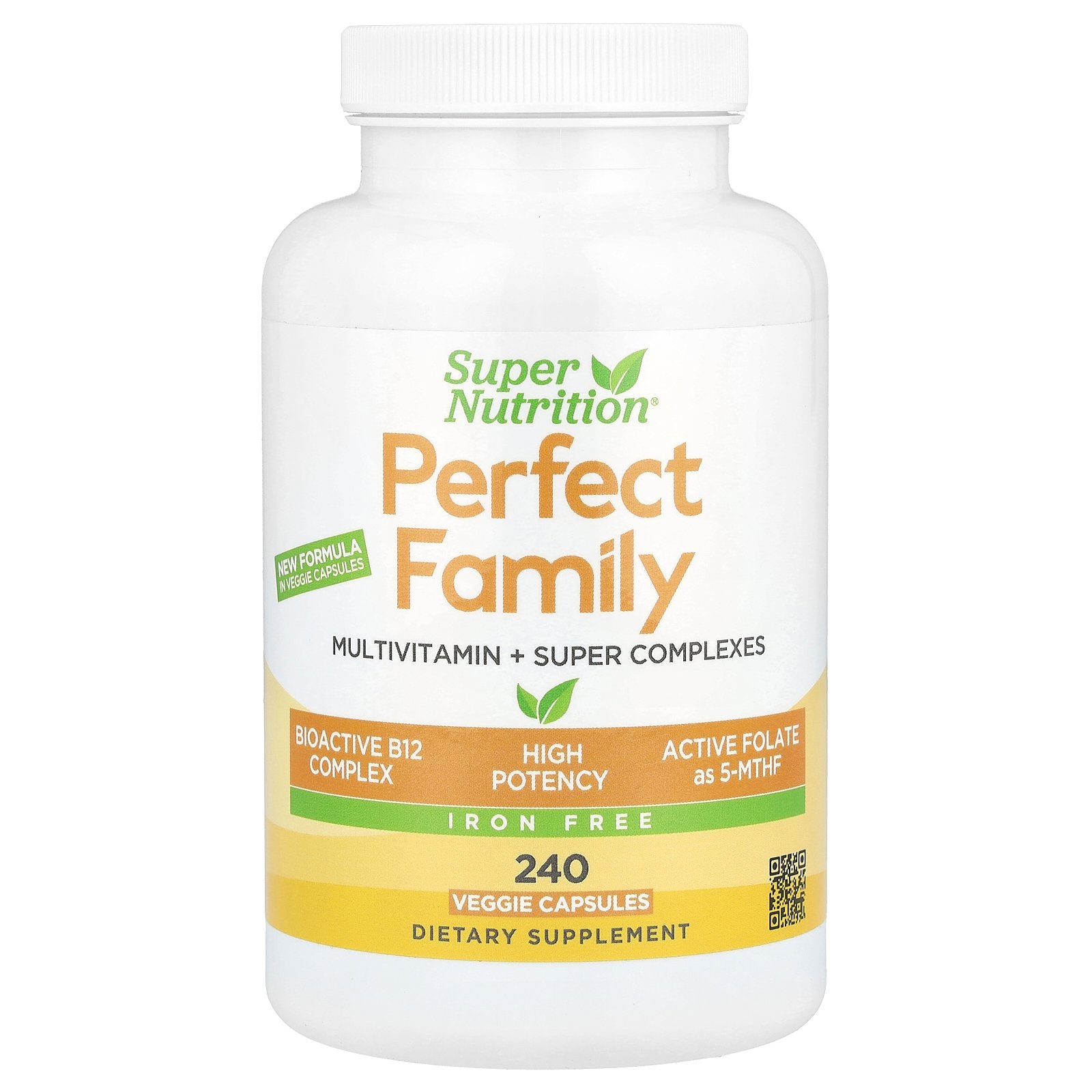 Super Nutrition, Perfect Family Multivitamin + Vitamin A, Methyl B12, Folate, Vitamin C, and Biotin, Iron Free, 240 Veggie Capsules