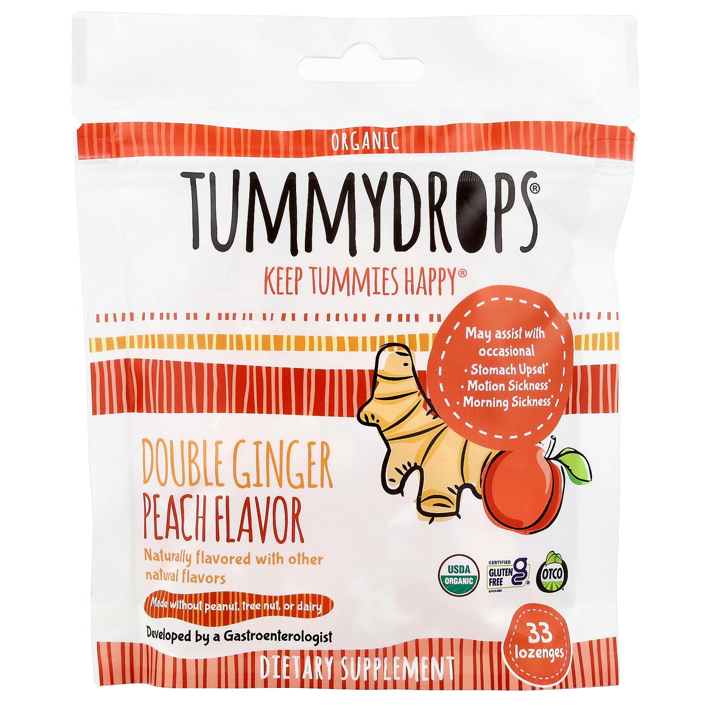 Tummydrops, Organic Double Ginger Peach Drops, 33 Lozenges