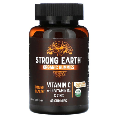 YumVs, Strong Earth Organic Gummies, Vitamin C with Vitamin D3 & Zinc, Mandarin & Orange, 60 Gummies