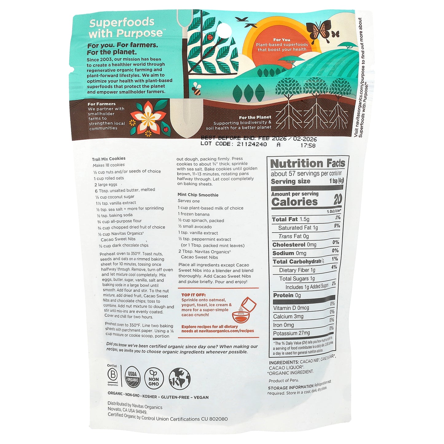 Navitas Organics, Organic Cacao Sweet Nibs, 8 oz (227 g)