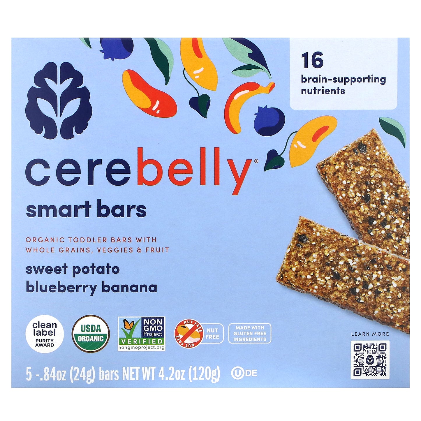 Cerebelly, Smart Bars, Organic Toddler Bars, Sweet Potato Blueberry Banana, 5 Bars, 0.84 oz (24 g) Each