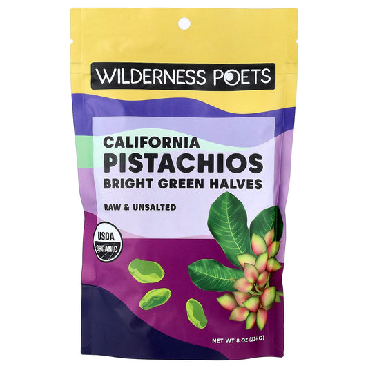 Wilderness Poets, Organic California Pistachios, Bright Green Halves, Unsalted, 8 oz (226 g)