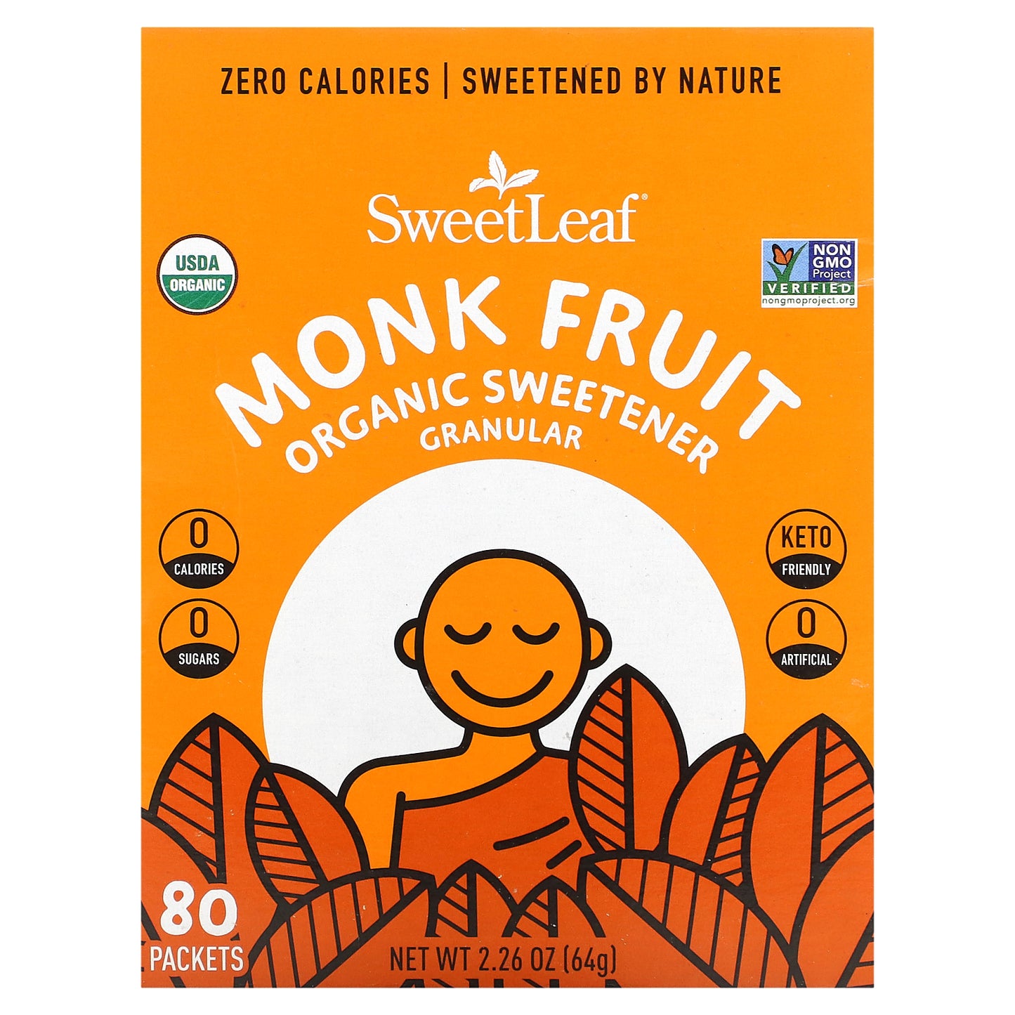SweetLeaf Stevia, Monk Fruit Organic Sweetener Granular, 80 Packets, 2.26 oz (64 g)