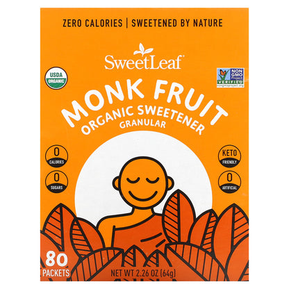 SweetLeaf Stevia, Monk Fruit Organic Sweetener Granular, 80 Packets, 2.26 oz (64 g)