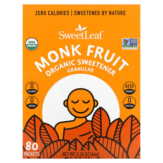 SweetLeaf Stevia, Monk Fruit Organic Sweetener Granular, 80 Packets, 2.26 oz (64 g)