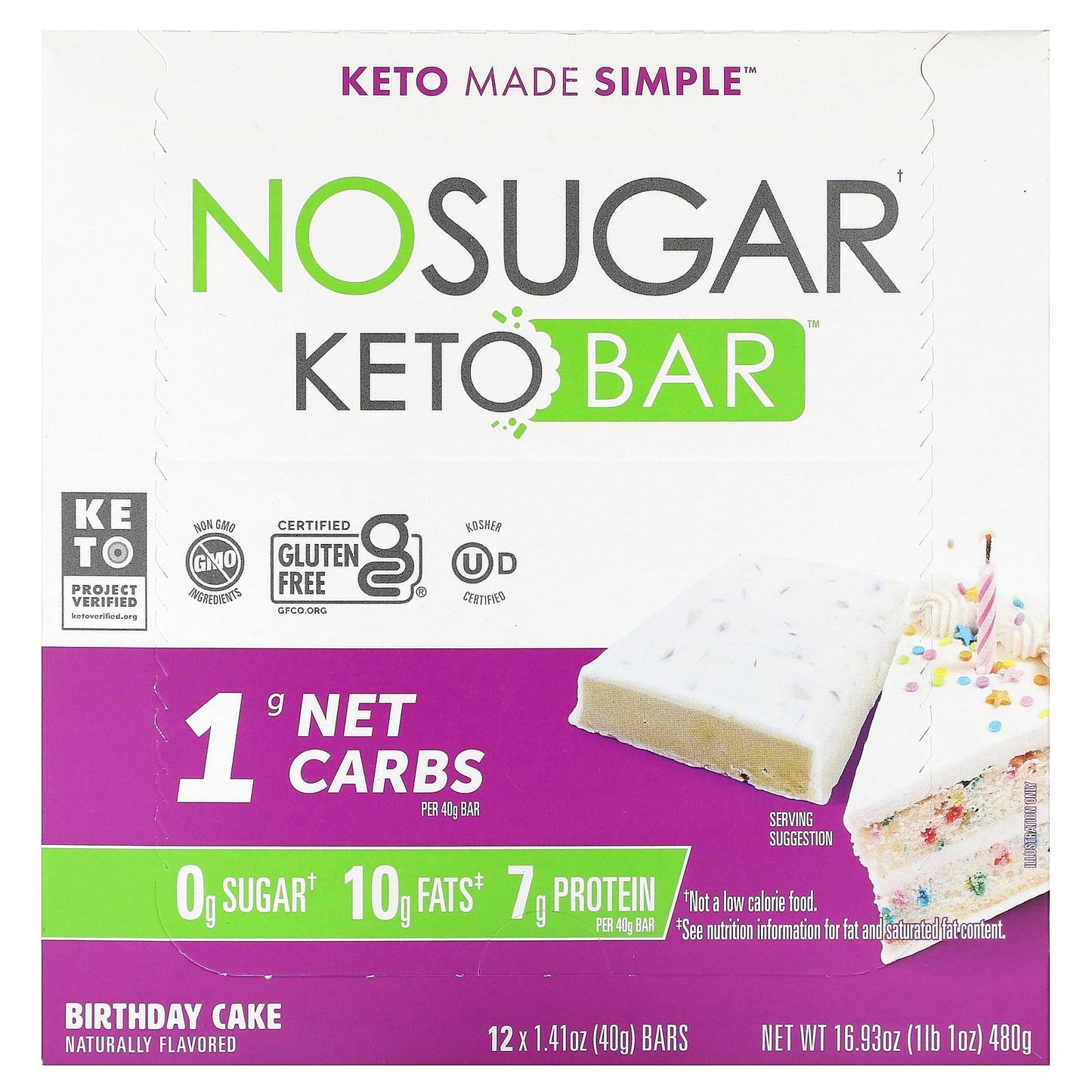 No Sugar Company, Keto Bar, Birthday Cake, 12 Bars, 1.41 oz (40 g) Each