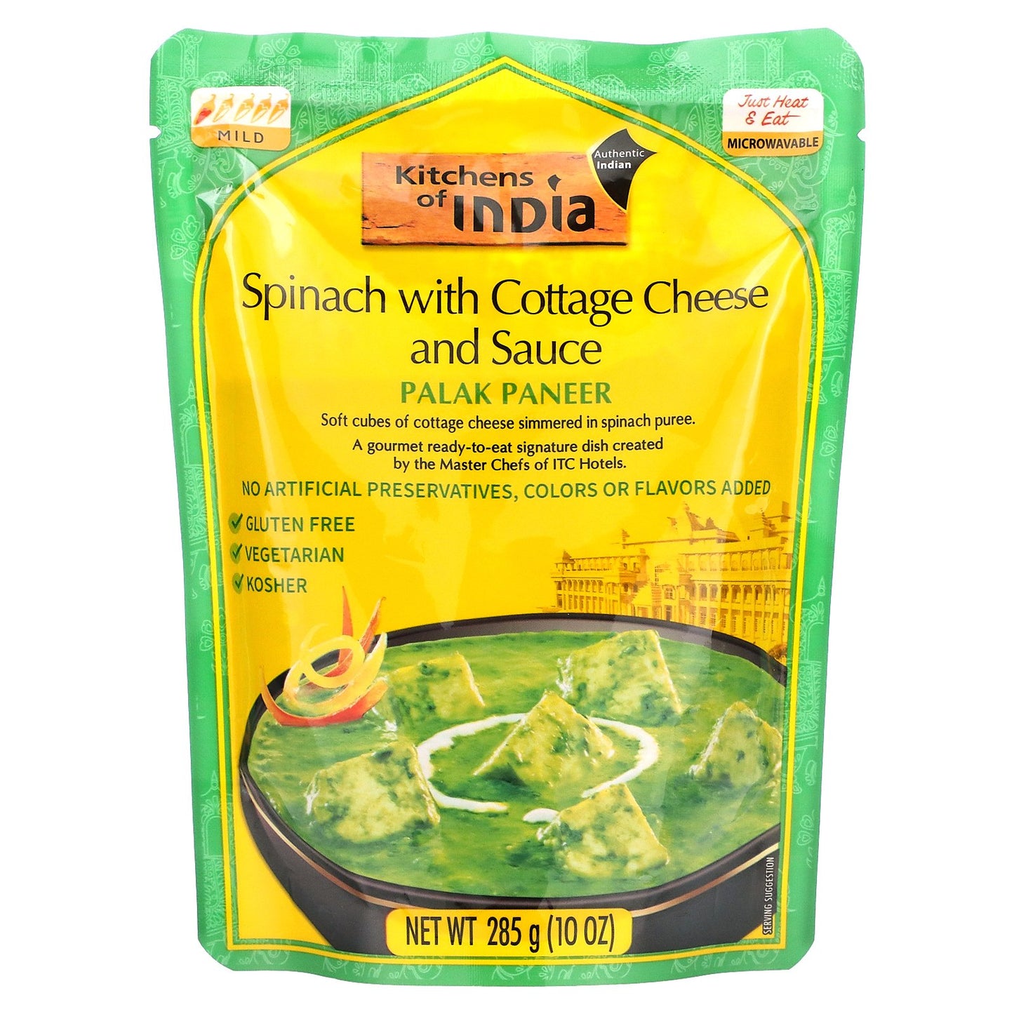 Kitchens of India, Palak Paneer, Spinach with Cottage Cheese and Sauce, Mild, 10 oz (285 g)