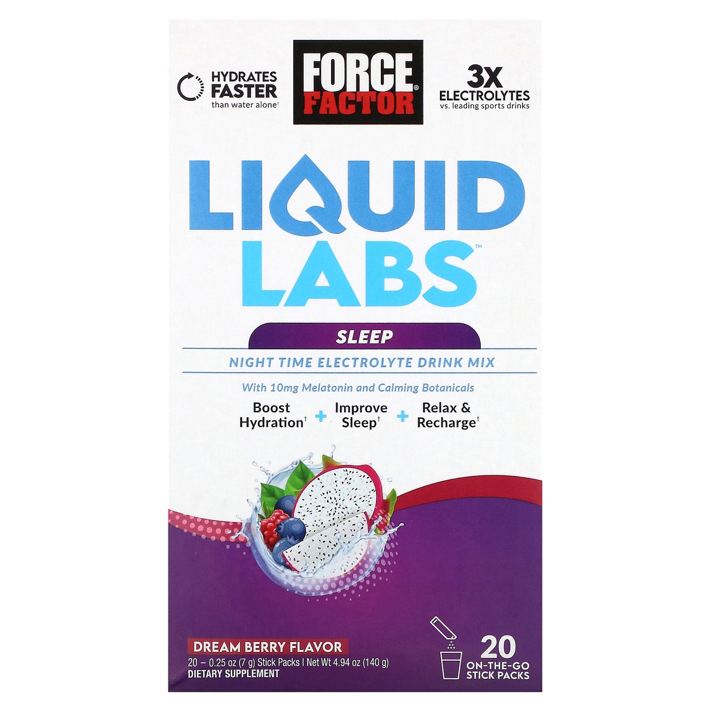 Force Factor, Liquid Labs™ Sleep, Night Time Electrolyte Drink Mix, Dream Berry, 20 Stick Packs, 0.25 oz (7 g) Each