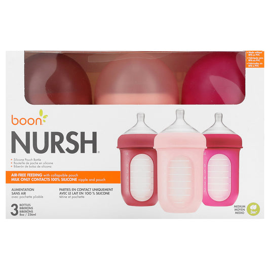 Boon, Nursh®, Silicone Pouch Bottle, 3m+, Medium, 3 Bottles, 8 oz (236 ml) Each